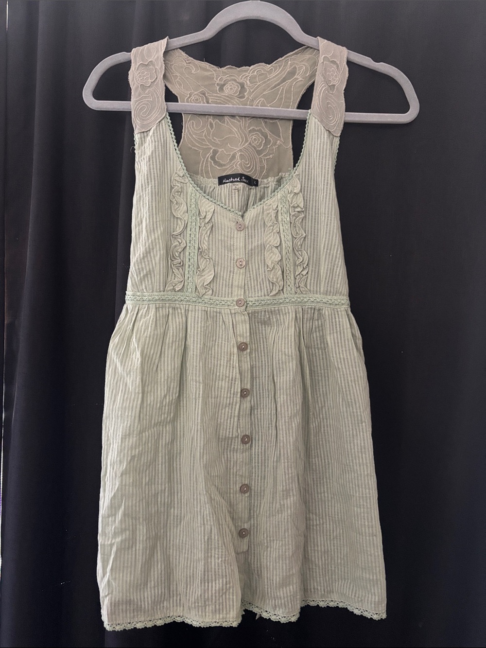 Light Sage Green Button-Front Sundress with Lace Back